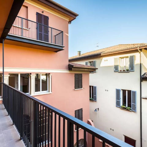 Take in the old-world charm on the balcony, which overlooks the internal courtyard