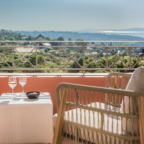 Enjoy early-evening sundowners from the upper floor balcony, overlooking the Ionian Sea