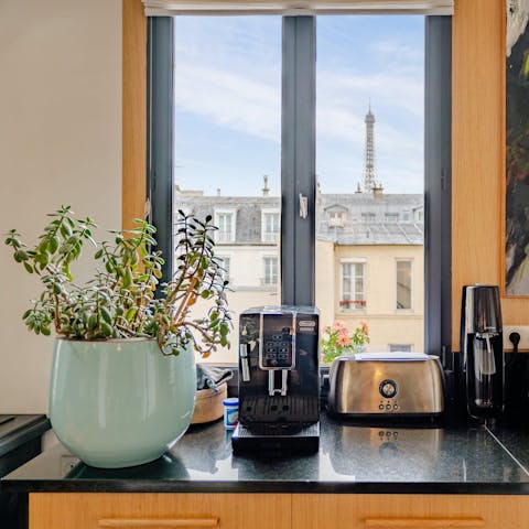 Sip your morning coffee while taking in one of Paris' most iconic sights