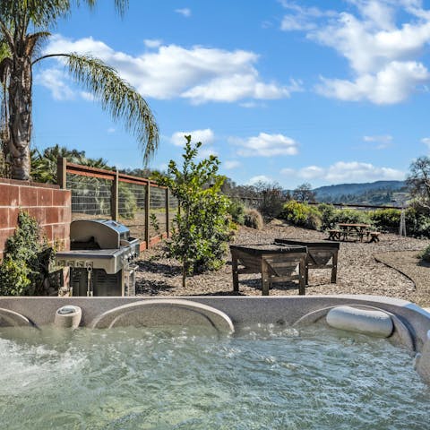 Soak in the hot tub while enjoying the vineyard views
