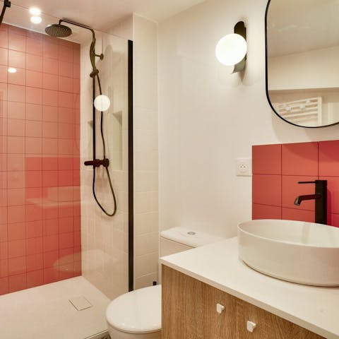 Get ready in the colourful bathroom before experiencing all that Paris has to offer