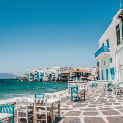 Drive fifteen minutes to the pretty streets of Mykonos Town