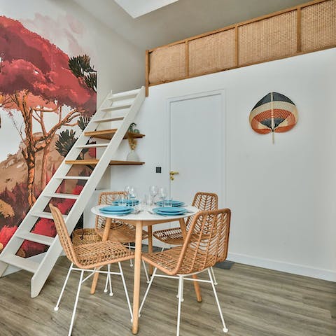 Tuck into flaky pastries and coffee around the dining table