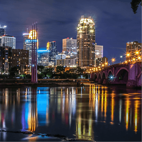 Chase the bright lights of downtown Minneapolis, just a five-minute drive away