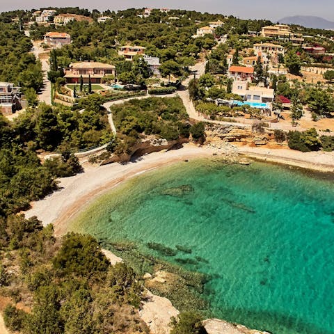 Stroll down to the closest beach in under five minutes and paddle in the crystal-clear Aegean Sea