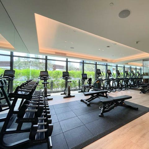 Lift weights in the on-site gym to stay on top of your fitness