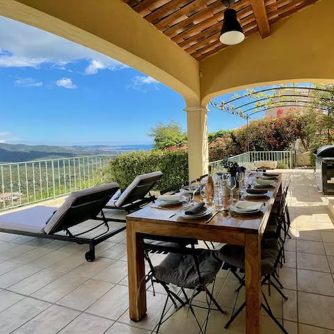 Enjoy an alfresco lunch on the shaded terrace as you admire the sea views