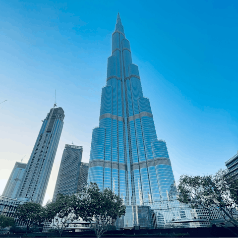 Visit the iconic Burj Khalifa, a five-minute car ride or fifteen-minute walk away