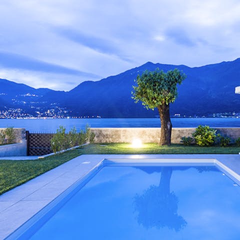 Go for a late-night swim in the calm waters of the private pool, surrounded by gorgeous landscapes