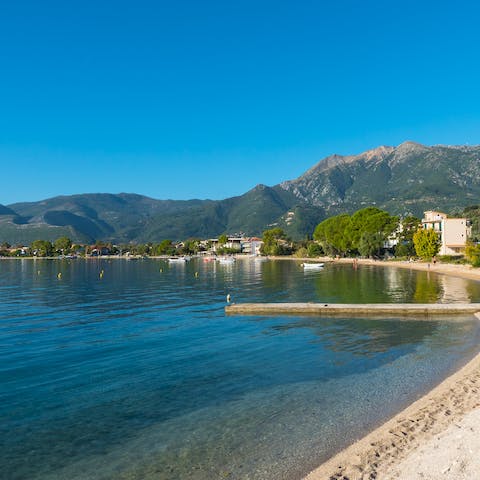 Enjoy incredible views across the water to the islands of Sparti and Skorpios 