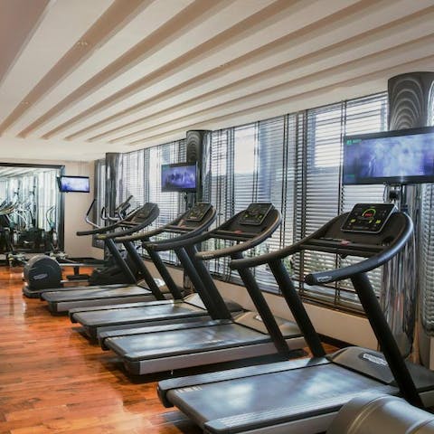 Hit the shared fitness centre for an early morning workout session