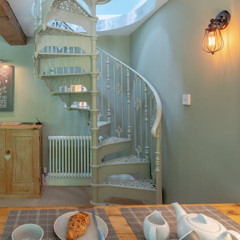 Admire charming features like the spiral staircase