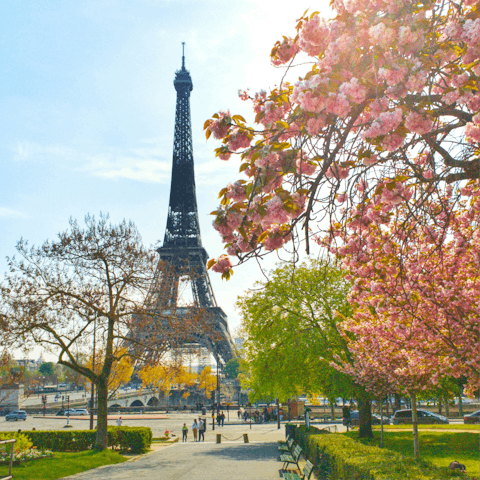 Marvel at the Eiffel Tower, a twenty-five-minute walk away