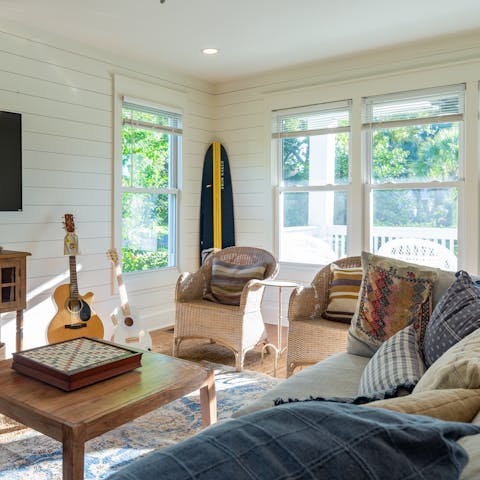 Curl up in the plush interiors of the living room after a day on the beach