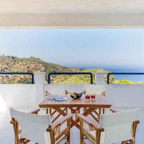 Sit out on the covered terrace and gaze out to dreamy views of the Aegean Sea