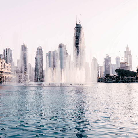 Visit the beautiful Dubai Fountain, an eighteen-minute walk away