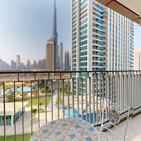 Enjoy views of the Burj Khalifa as you sip a mint tea on the balcony