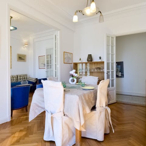 Sit down for a meal or glass of wine in the bright dining room