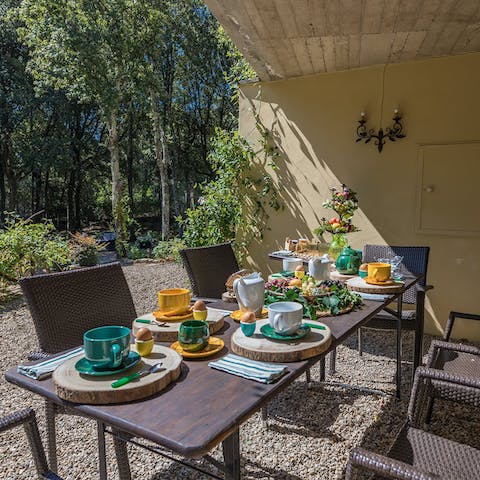 Enjoy sharing meals all together in the warm sunshine