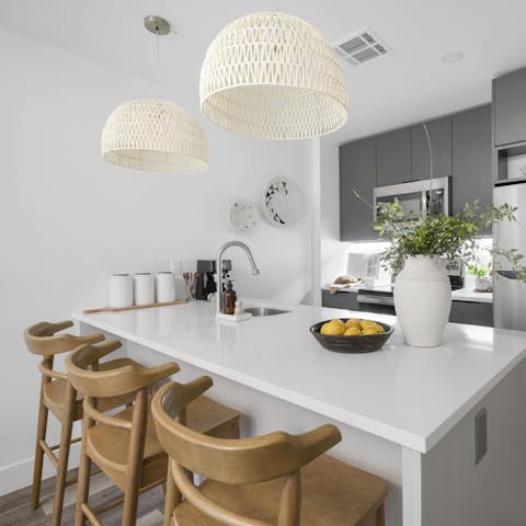 Start your day with freshly-brewed coffee at the kitchen island