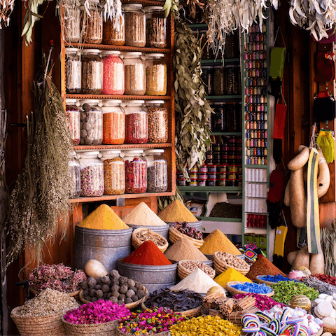 Visit the vibrant, bustling spice markets of Marrakech, only a short drive away