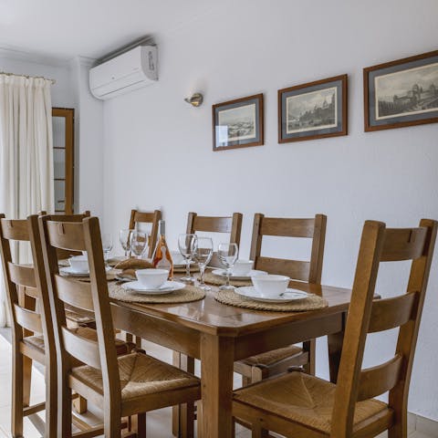 Enjoy family favourites around the wooden dining table