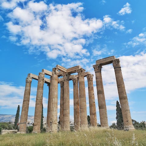 Gaze up at the Temple of Olympian Zeus, a fourteen-minute stroll from your door