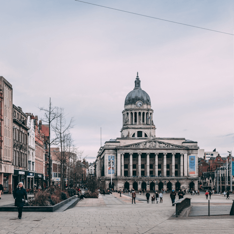 Wander around the vibrant city centre of Nottingham, just a twenty-minute drive away