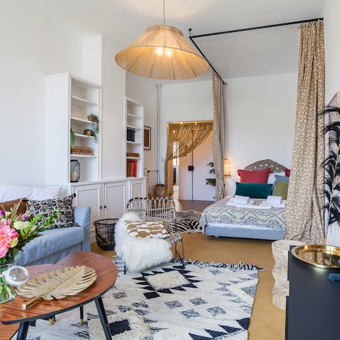Put your feet up in a bohemian space, filled with eclectic textiles and character