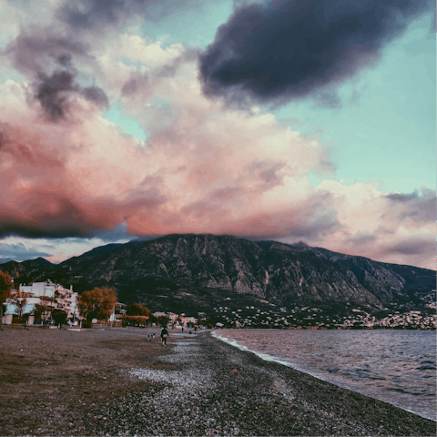 Visit nearby Kalamata, famous for its olives, mountains and striking sunsets