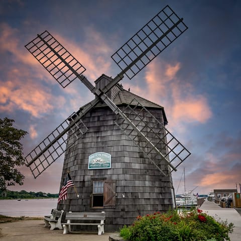Explore Sag Harbor's charming windmill, marina and Main Street, all less than ten minutes by car
