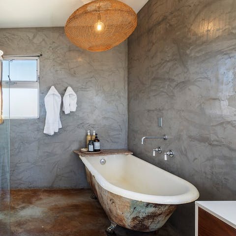 Soak in the roll-top bathtub