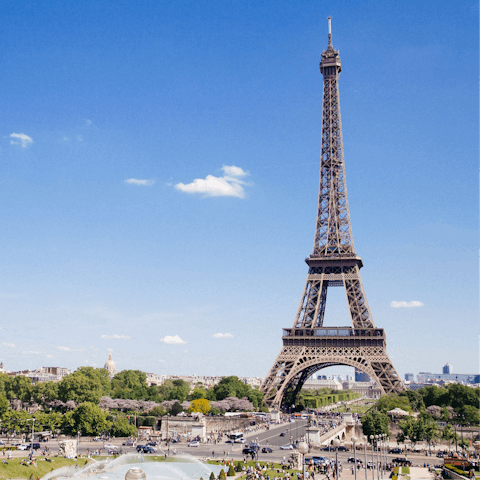 Gaze out over Paris from the top of the iconic Eiffel Tower, a ten-minute walk away