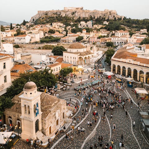 Take a twelve-minute stroll and explore lively cafés and bars in Monastiraki 