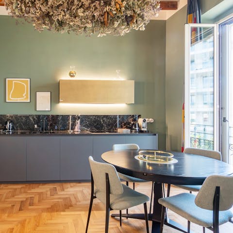 Sit down for coffee and panettone in the stylish dining area
