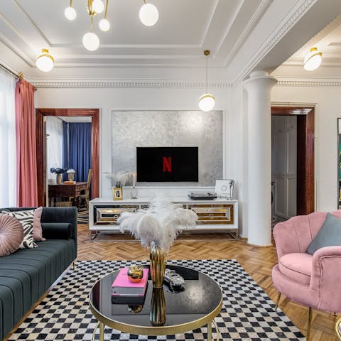 Catch up on your favourite shows in the art-deco-inspired living room