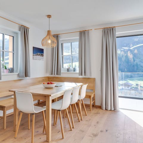 Look forward to eating your meals with views of the Austrian mountains