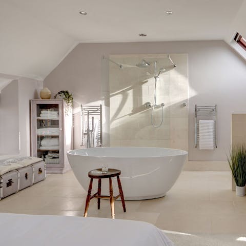 Sink into the depths of the free standing bath & soak away your stresses