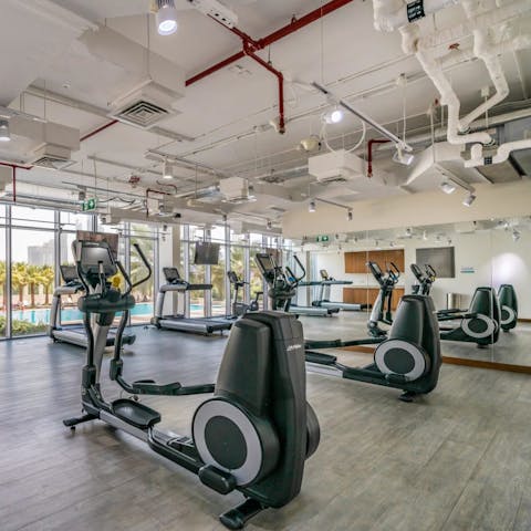 Start the day with a cardio workout in the on-site gym