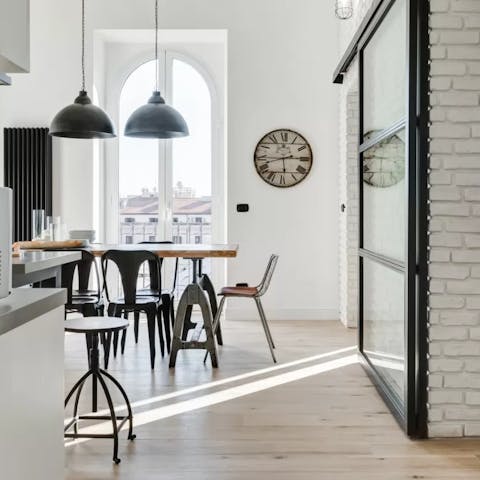 Start the day with an espresso in the industrial-style kitchen
