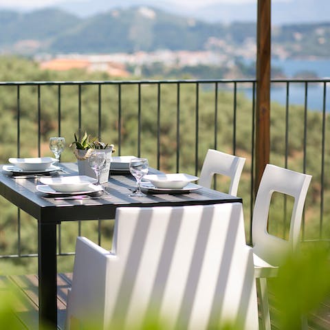 Eat breakfast on the balcony as you take in the views of the Aegean Sea