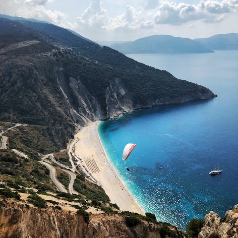 Visit Kefalonia's magical Myrtos Beach, about 10km away by car