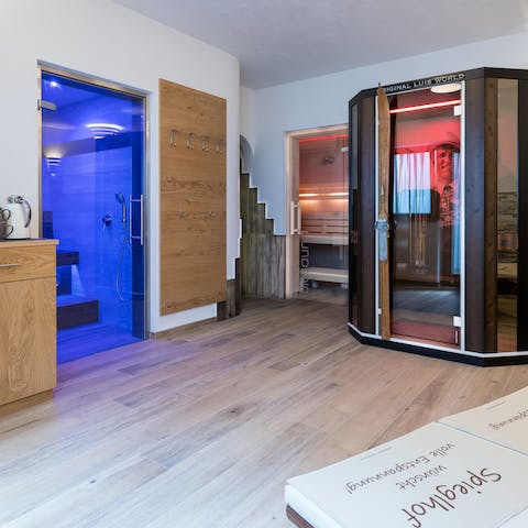 Soothe tired muscles in the infrared sauna, steam room and relaxation room