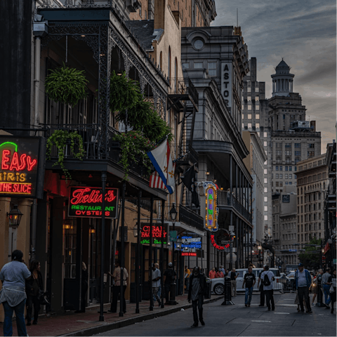 Enjoy an evening of live jazz at a Bourbon Street bar, just a five-minutes away by car