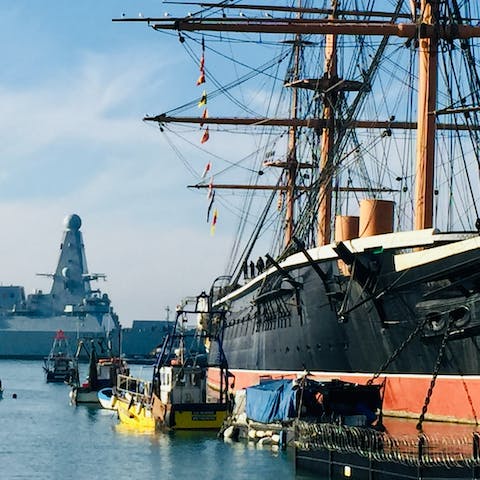 Marvel at Royal Navy vessels old and new in Portsmouth Harbour – Victorian war ship, HMS Warrior, has been moored here since the late eighties