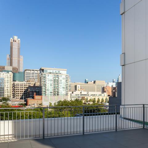 Head up to the shared rooftop deck to take some morning air