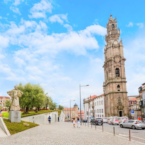 Gaze up at the historic Clérigos Tower, a twenty-minute stroll from your door