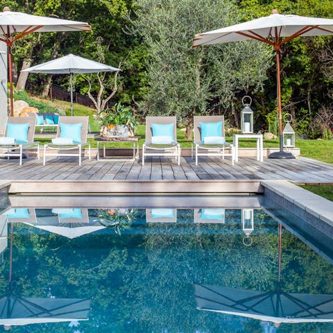 Chill poolside surrounded by olive and fruit trees