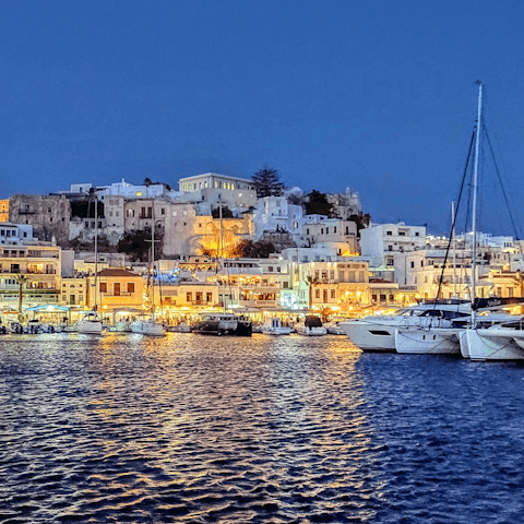 Follow the bustle into Naxos Town for the evening, just a seven-kilometre drive 