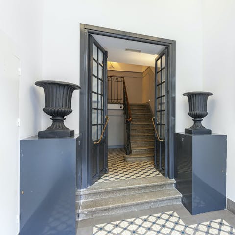 Admire the period features of this historic apartment building